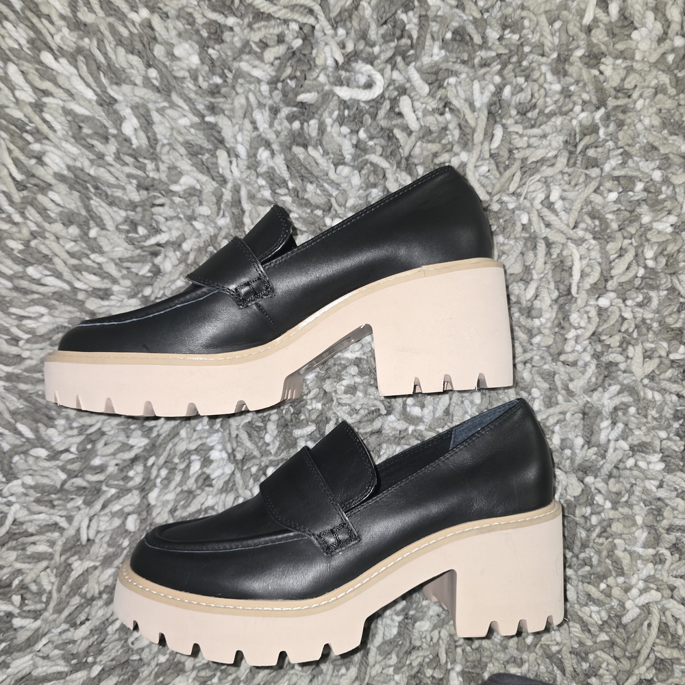 Dolce Vita Black Leather Loafers with Cream Lug Platform